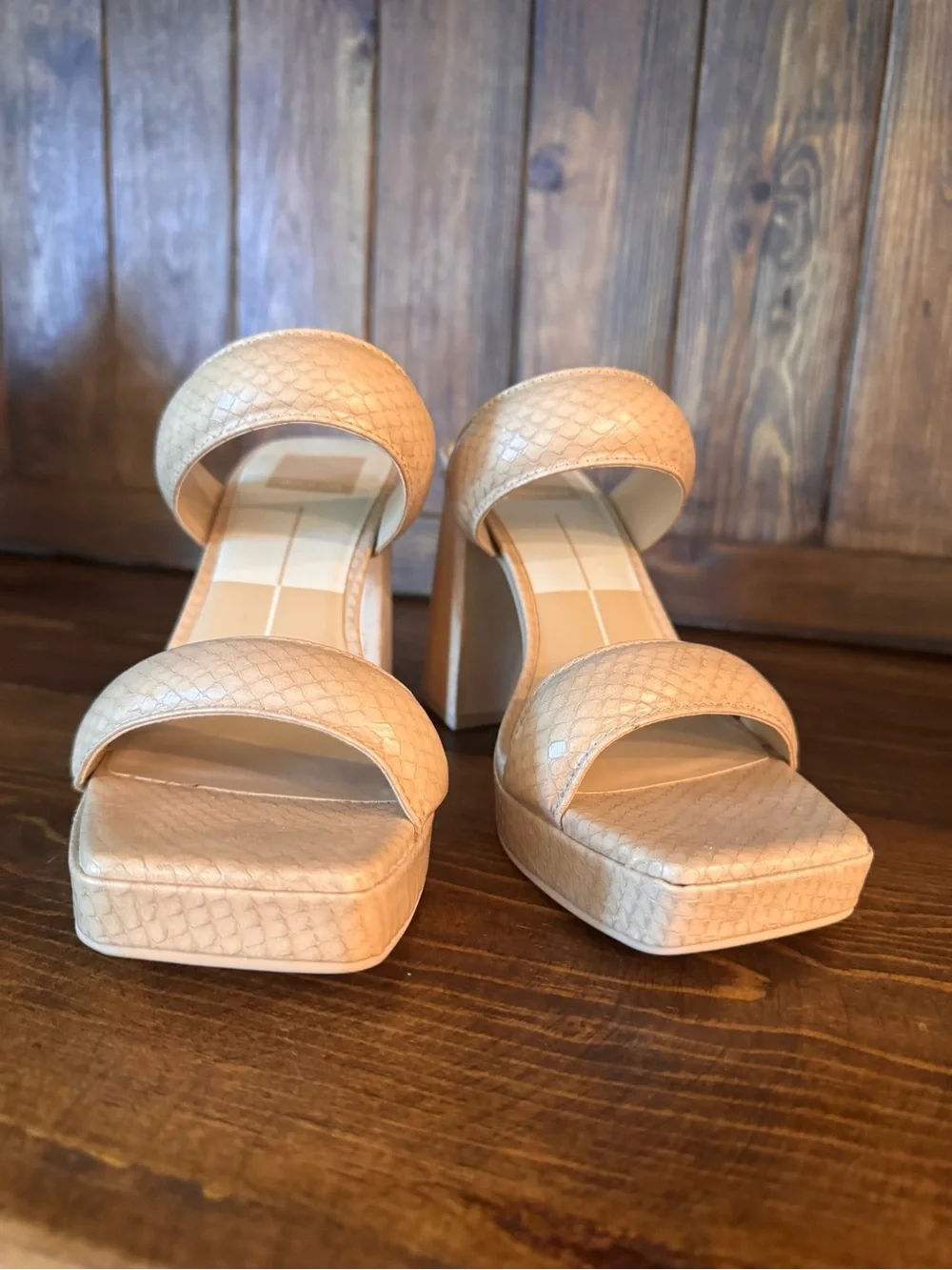 Dolce Vita Women's Neutral Snake-Texture Platform Sandals- light beige